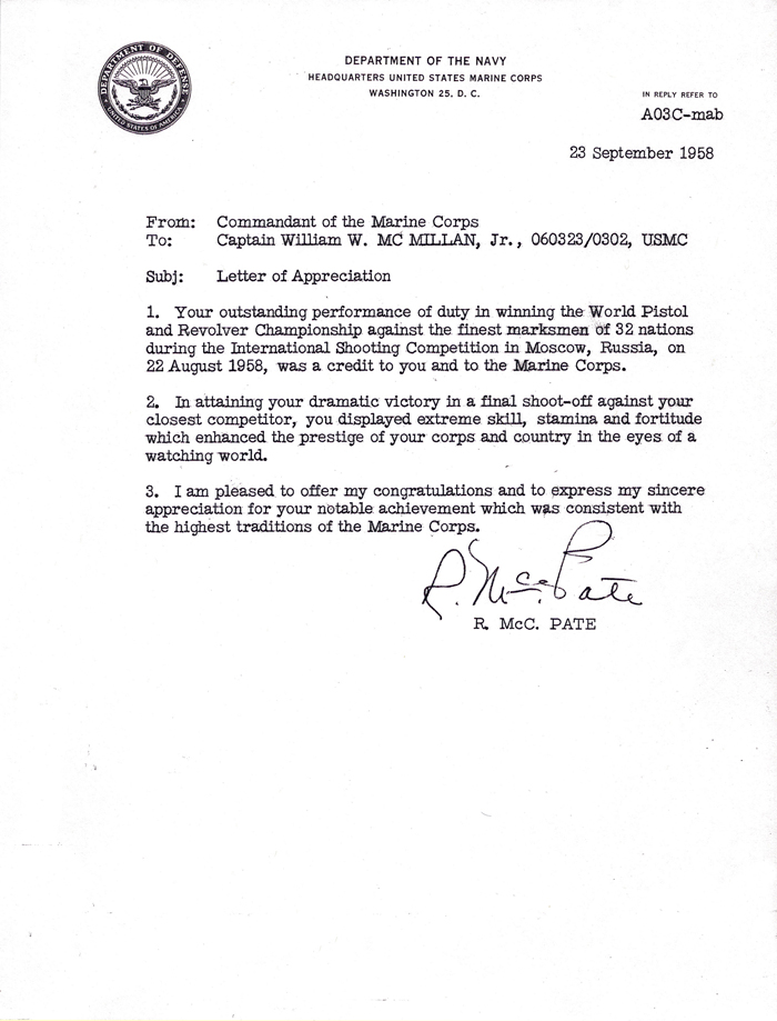 September 23, 1958 Letter of Appreciation
