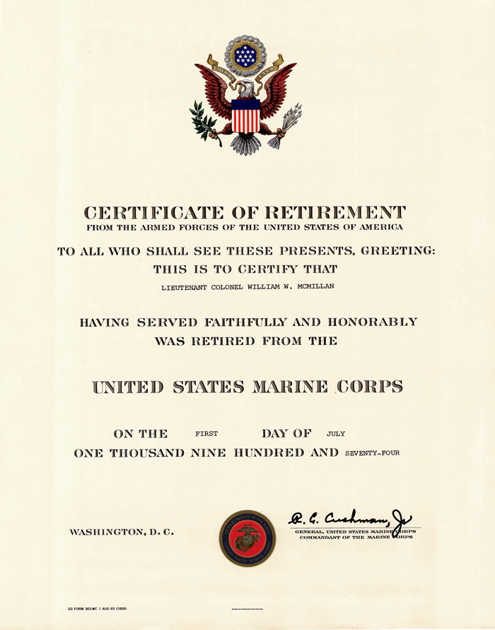 Marine Corps Retirement Certificate